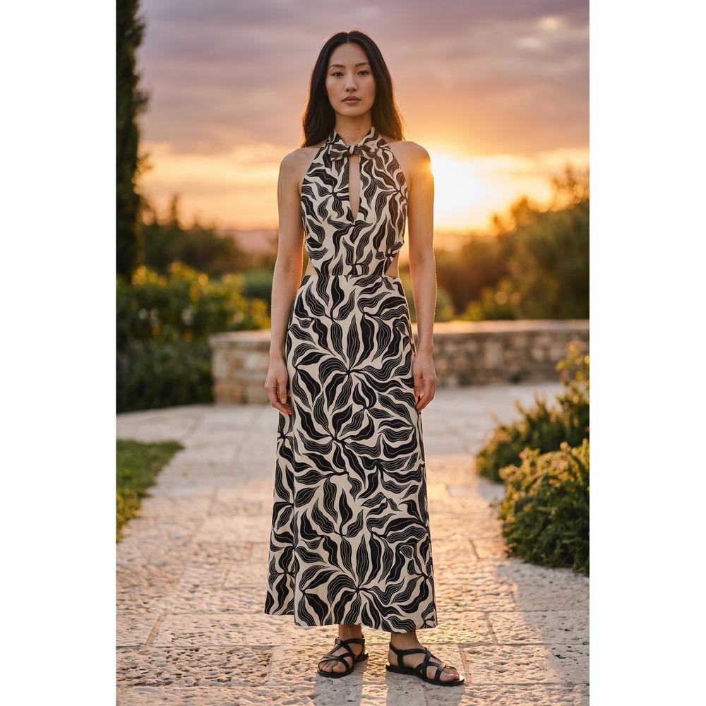 Zara Womens Leaf Print Halter Maxi Dress Side Cut Out Black Cream Small BNWT